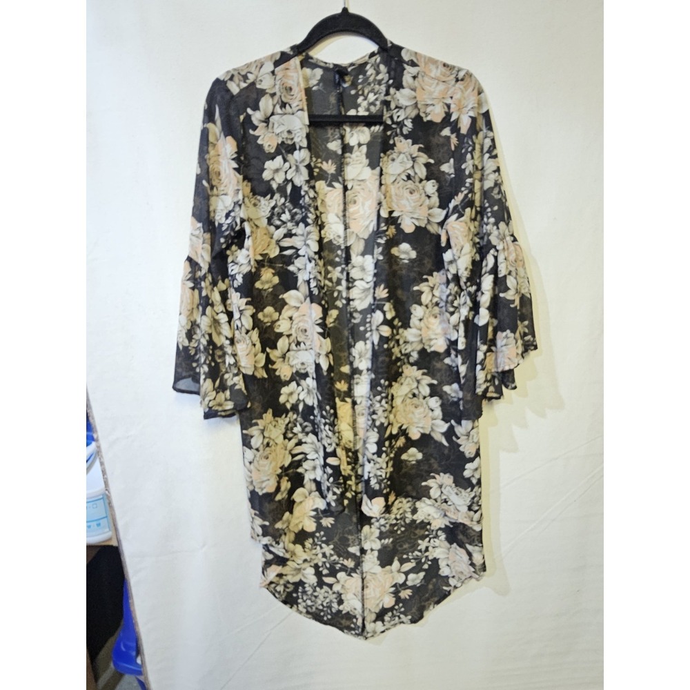 Windsor Lg/ XL New Black‎ Peach Yellow Floral Mesh Sheer Long Cardigan Sweater